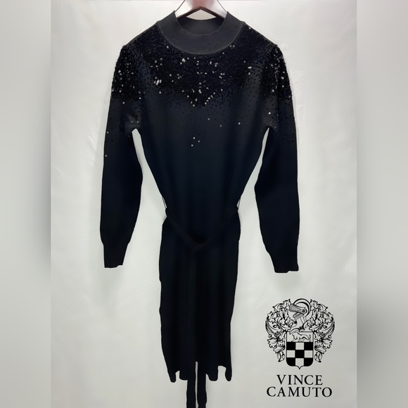 NWT Vince Camuto Knit, Belted, Sequin Embelished Neckline Dress Knit Black - Picture 2 of 4